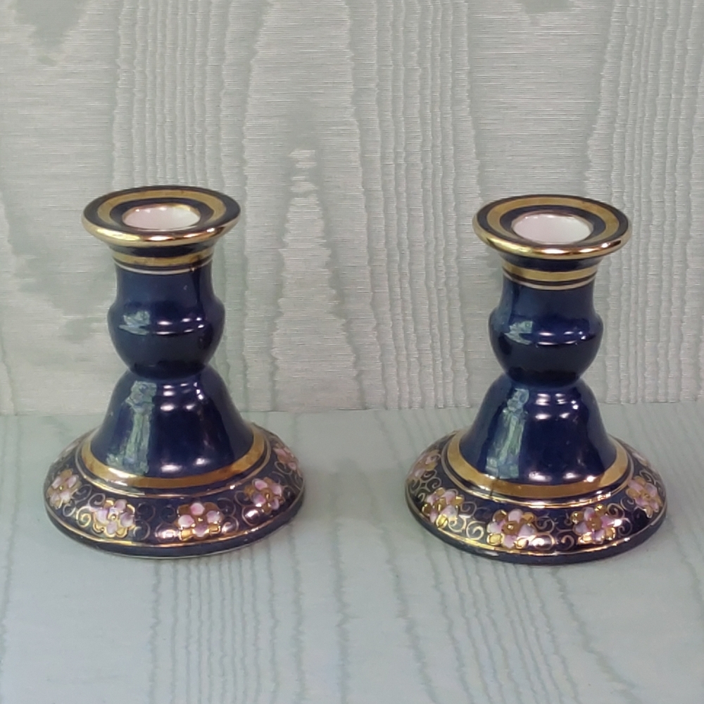 Oriental Leaf Porcelain Enamel & Gold Ornate Floral Design Candle Holders